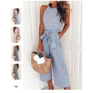 Depway Bohemian Round Neck Striped Blue Jumpsuit